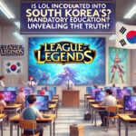 韓国でLeague of Legends（LoL）が義務教育に組み込まれているかを解説するブログのアイキャッチ画像。背景にはLoLのキャラクターと韓国の国旗が描かれている。