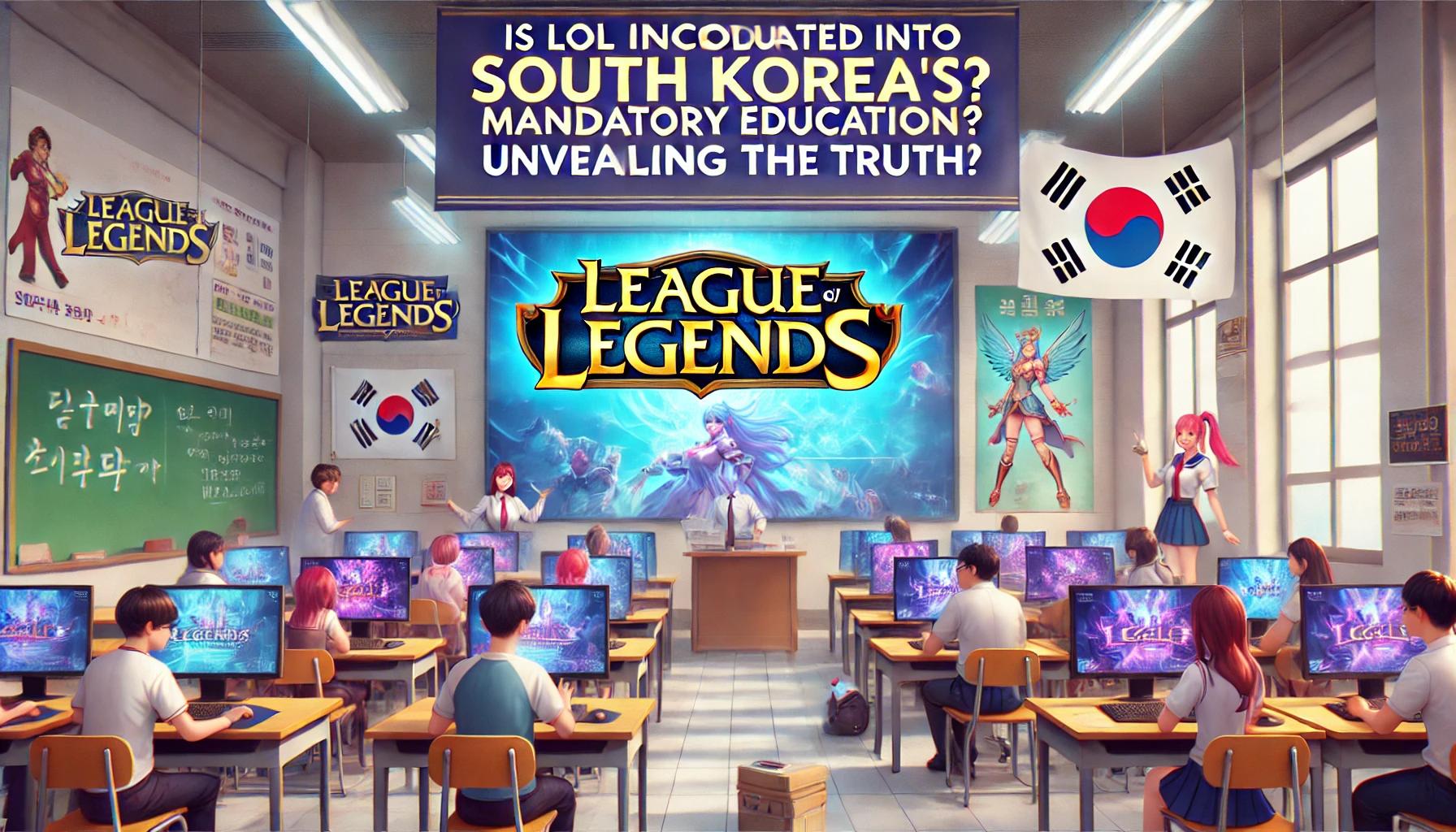 韓国でLeague of Legends（LoL）が義務教育に組み込まれているかを解説するブログのアイキャッチ画像。背景にはLoLのキャラクターと韓国の国旗が描かれている。