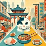 中国における猫を食べる文化の歴史的背景と現代の実態を表現した画像。伝統的な中国の市場と現代の都市風景が対比され、文化の変遷を示唆している。