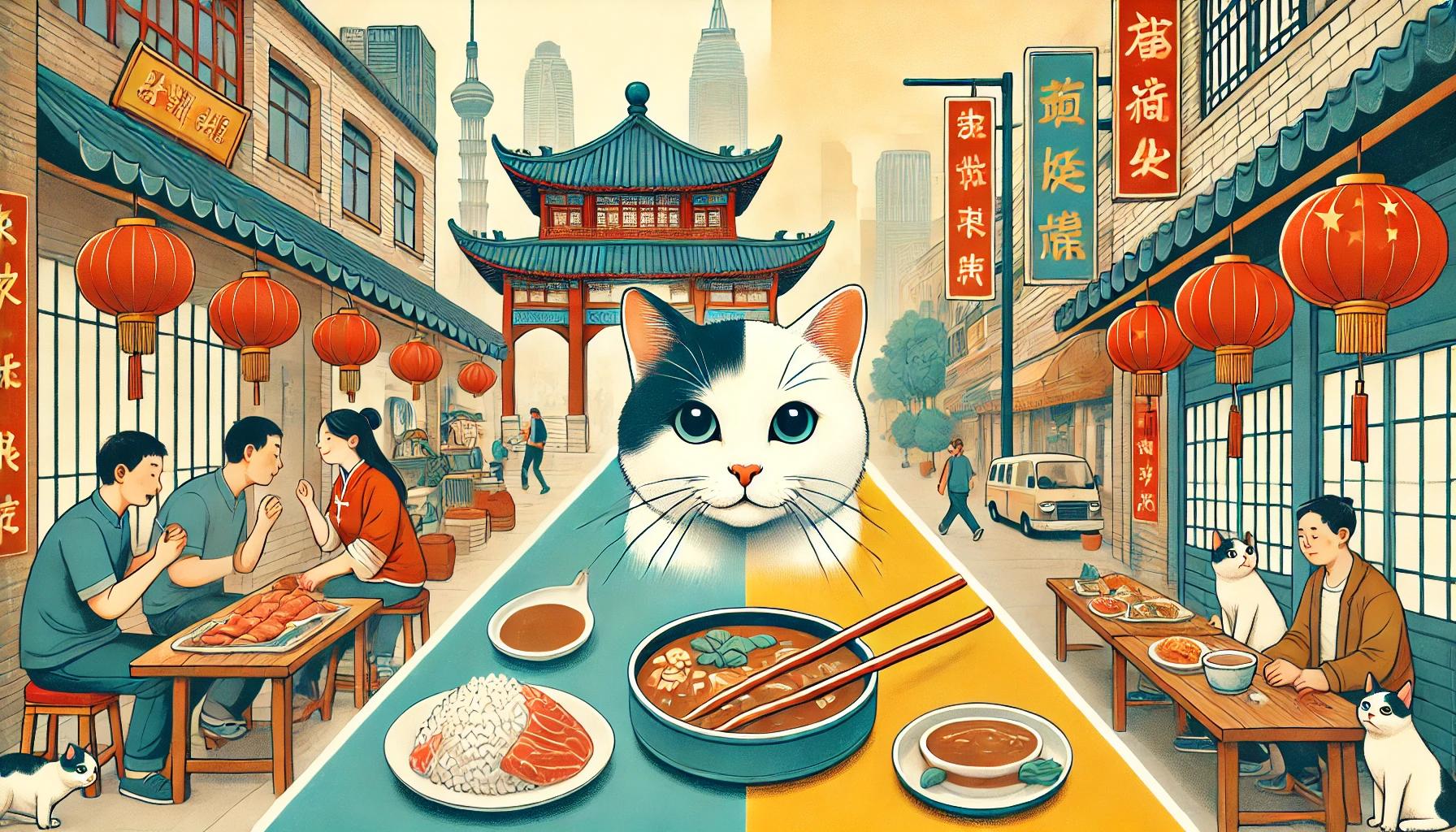 中国における猫を食べる文化の歴史的背景と現代の実態を表現した画像。伝統的な中国の市場と現代の都市風景が対比され、文化の変遷を示唆している。