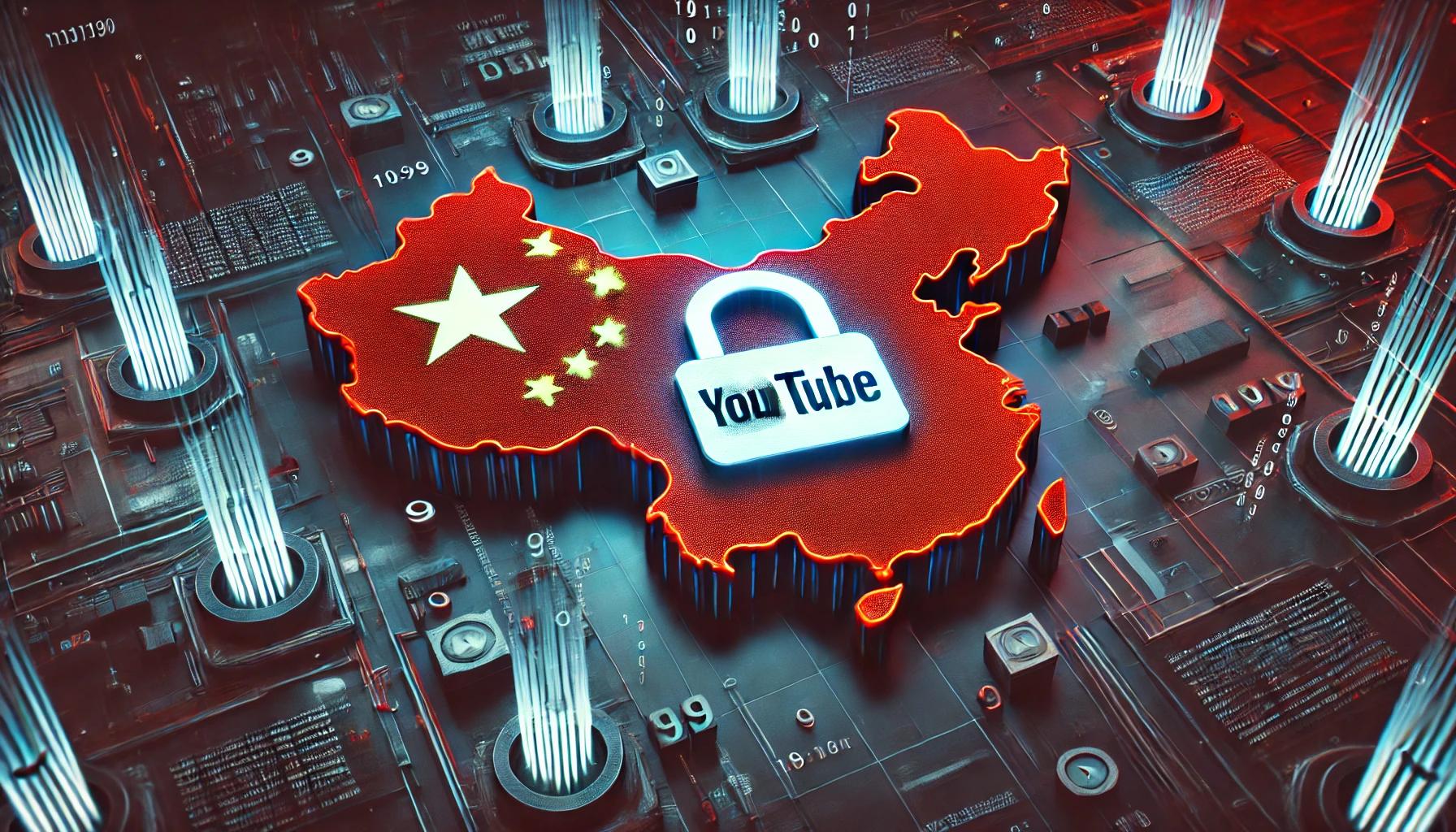 中国の国旗とYouTubeのロゴが交差するイメージ、YouTubeの利用制限を象徴