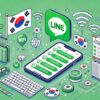 韓国旅行中にLINEを使用するためのスマートフォンと韓国国旗を背景にしたブログ記事のヘッダー画像