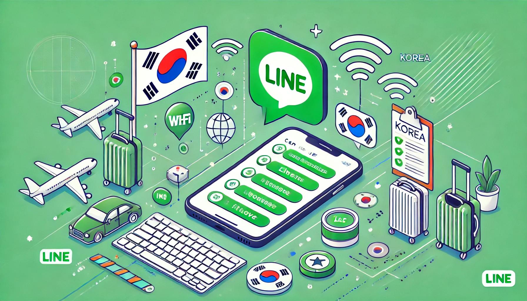 韓国旅行中にLINEを使用するためのスマートフォンと韓国国旗を背景にしたブログ記事のヘッダー画像