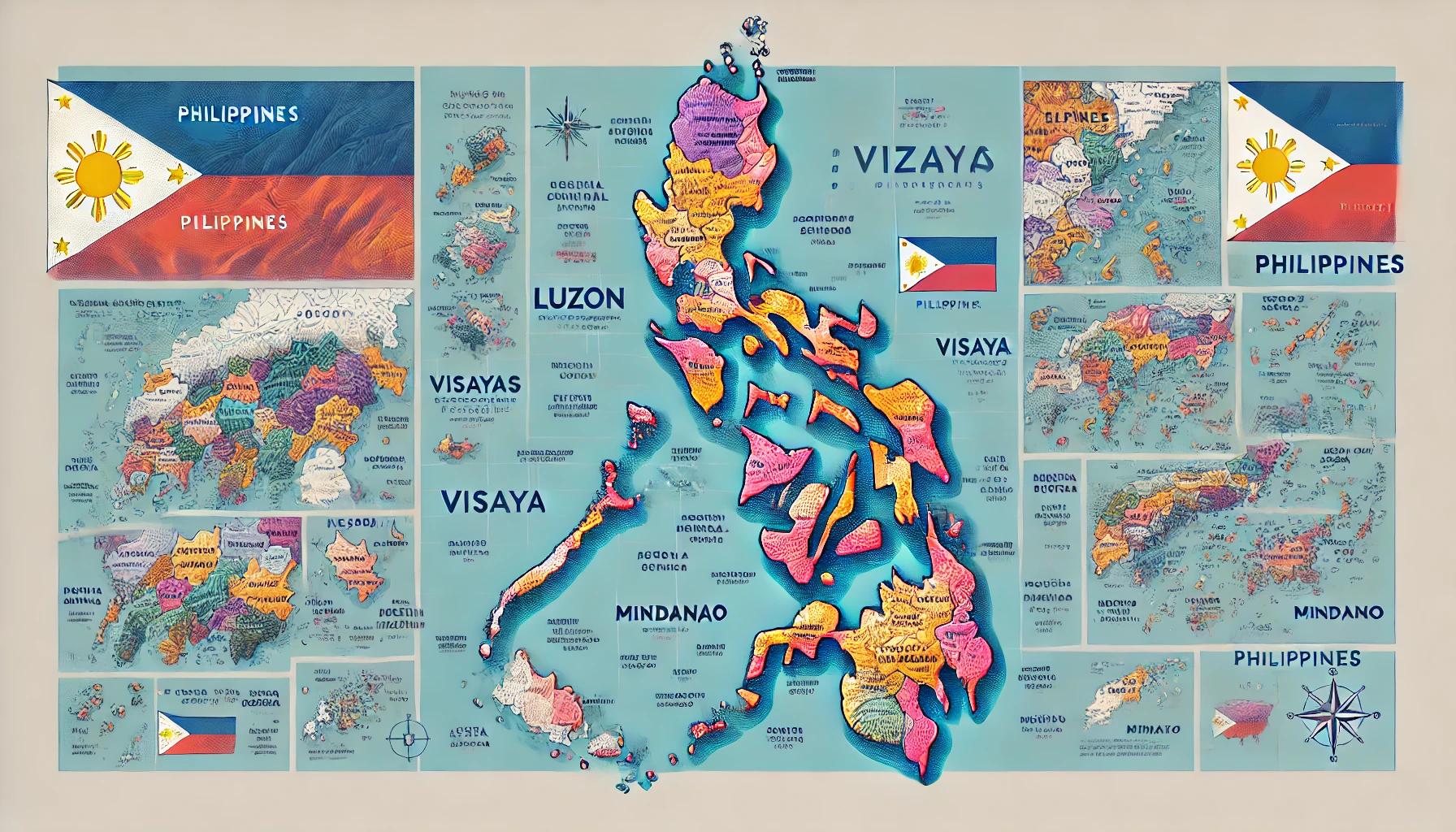 フィリピンの地図。ルソン、ビサヤ、ミンダナオの3つの主要な地域区分と81の州がカラフルに表示され、主要都市や地理的特徴が描かれた詳細な地図。