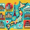 日本の7大都市をポップなイラストで表現した画像。東京、大阪、名古屋、札幌、仙台、広島、福岡の各都市のランドマークが描かれ、日本地図上に配置されたデザイン