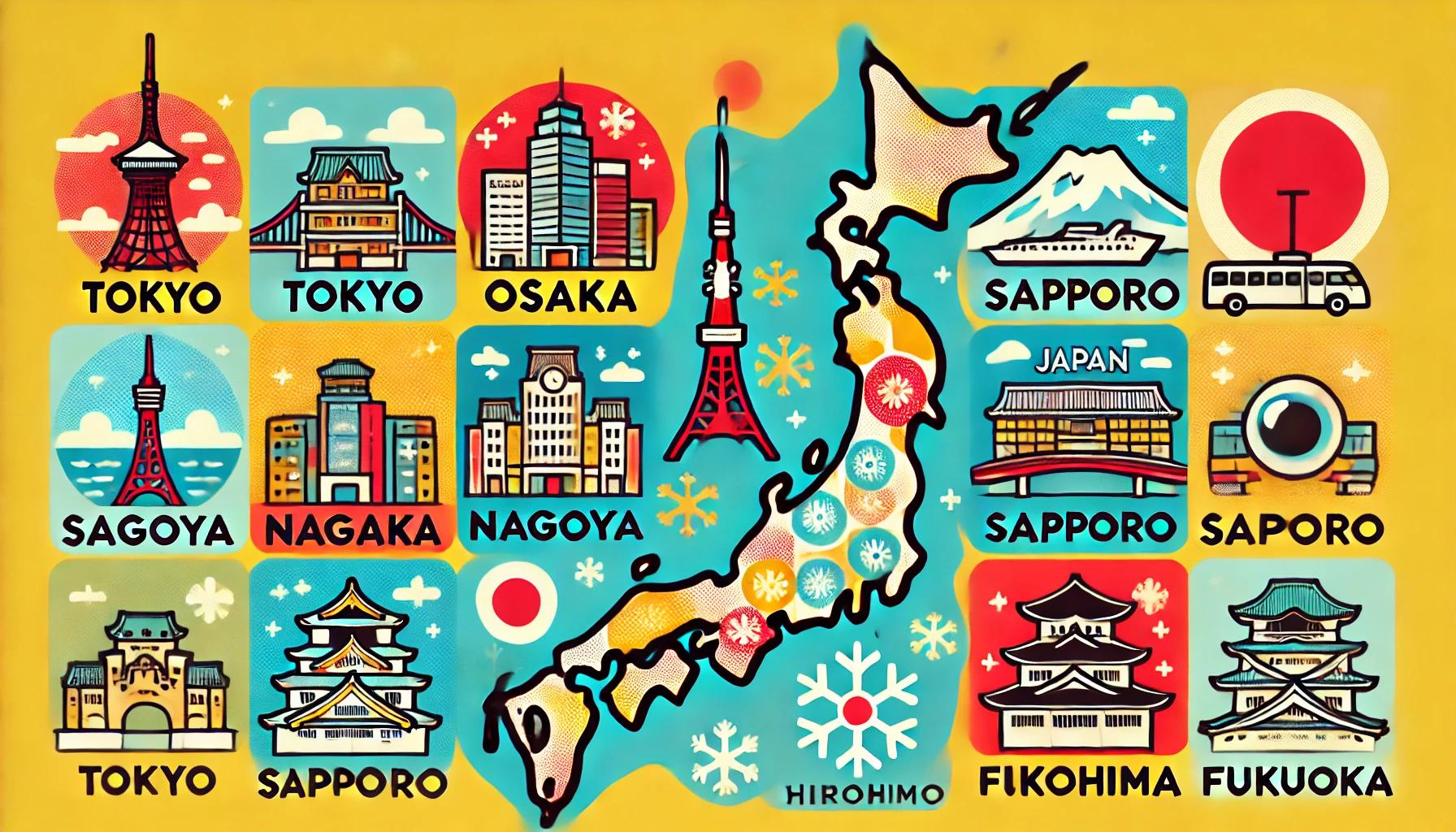 日本の7大都市をポップなイラストで表現した画像。東京、大阪、名古屋、札幌、仙台、広島、福岡の各都市のランドマークが描かれ、日本地図上に配置されたデザイン