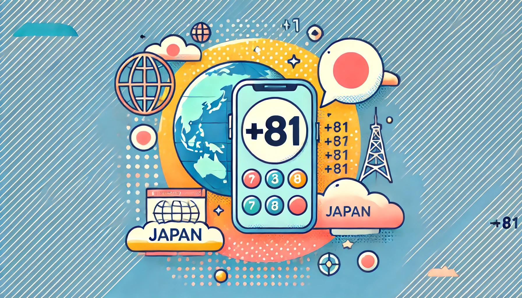 日本の国番号「81」とは？+81の意味を解説するために描かれたポップなイラスト画像。スマートフォンと地球が描かれ、国際通話や通信を象徴するデザイン。