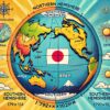 地球を北半球と南半球に分けたポップなイラストで、日本が北半球に位置することを示し、季節や太陽の動きの違いを視覚的に表現した画像