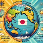 地球を北半球と南半球に分けたポップなイラストで、日本が北半球に位置することを示し、季節や太陽の動きの違いを視覚的に表現した画像