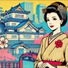 日本の財閥令嬢をポップなイラストで描いた画像。背景には伝統的な日本の大邸宅や桜、現代の高層ビルが描かれ、現代的な財閥令嬢のライフスタイルを表現している。