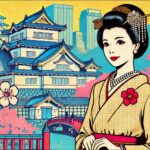 日本の財閥令嬢をポップなイラストで描いた画像。背景には伝統的な日本の大邸宅や桜、現代の高層ビルが描かれ、現代的な財閥令嬢のライフスタイルを表現している。