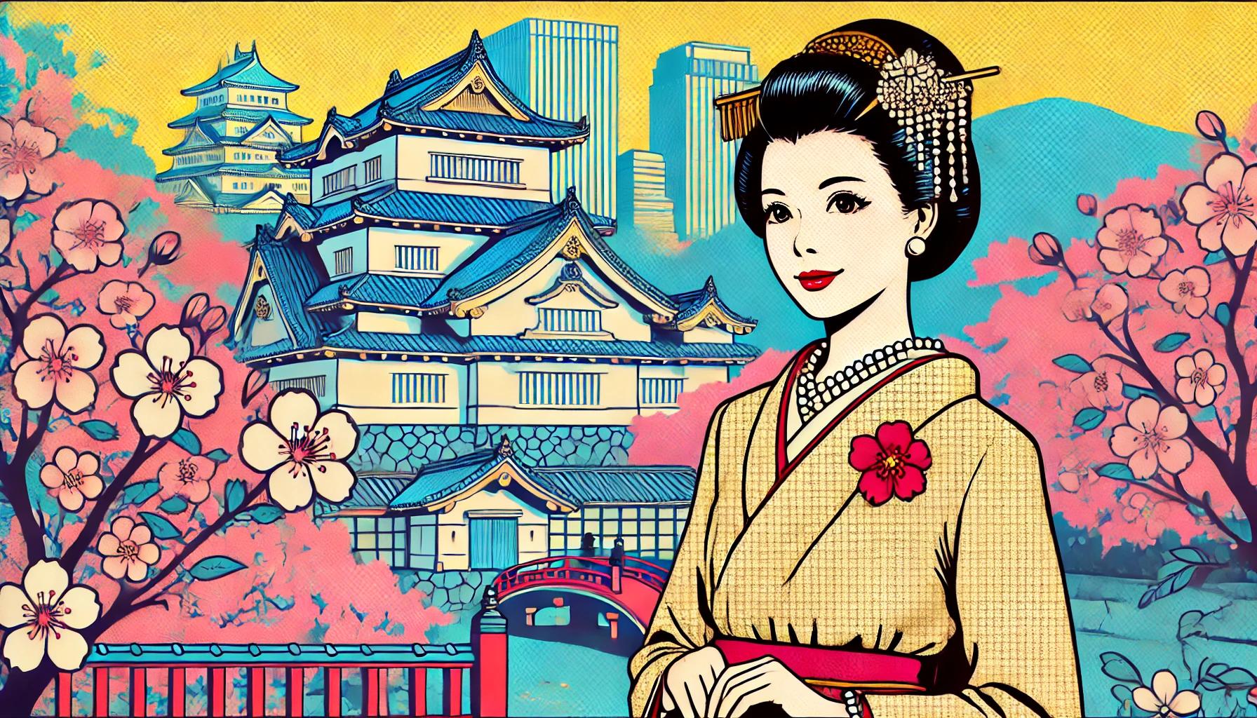 日本の財閥令嬢をポップなイラストで描いた画像。背景には伝統的な日本の大邸宅や桜、現代の高層ビルが描かれ、現代的な財閥令嬢のライフスタイルを表現している。