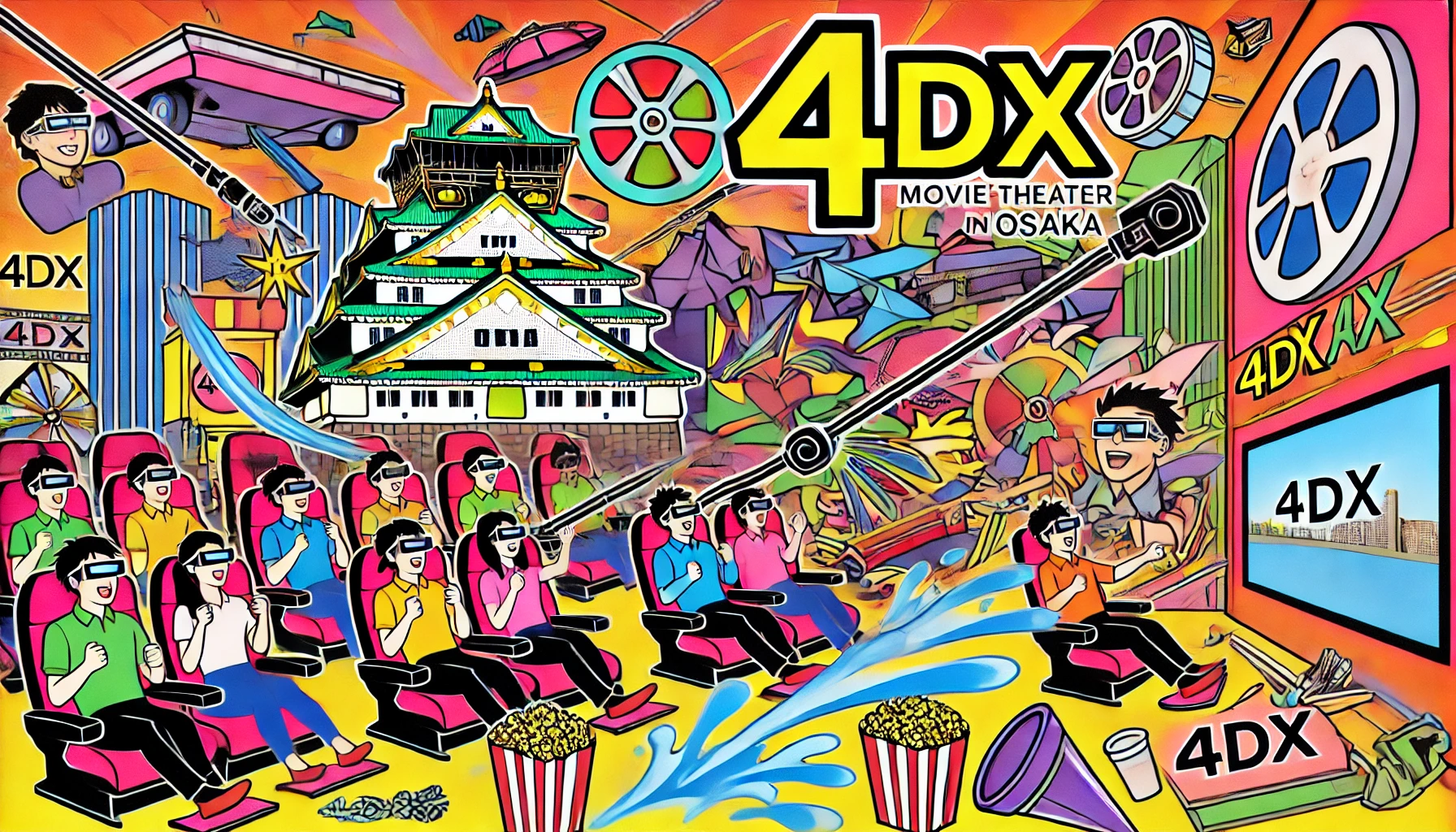 大阪の4DX映画館で映画を楽しむ人々が、風や水しぶきなどの効果を体感しているポップでカラフルなイラスト