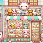 大阪のぬいぐるみ専門店を描いたポップなイラスト。店内にはテディベアやウサギなど、さまざまなぬいぐるみが並び、キャラクター商品も豊富に揃う魅力的な専門店の様子が表現されている。