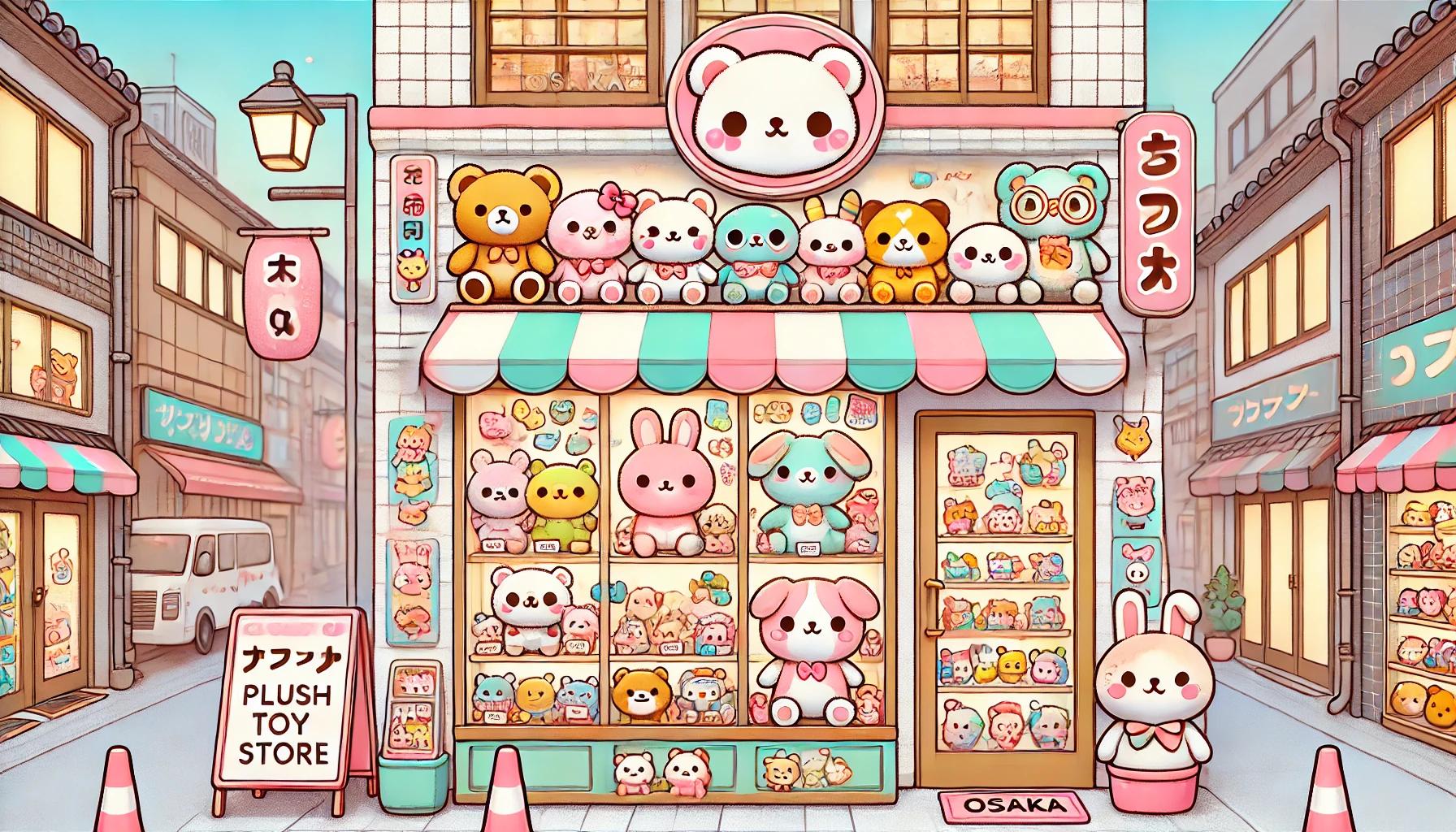 大阪のぬいぐるみ専門店を描いたポップなイラスト。店内にはテディベアやウサギなど、さまざまなぬいぐるみが並び、キャラクター商品も豊富に揃う魅力的な専門店の様子が表現されている。