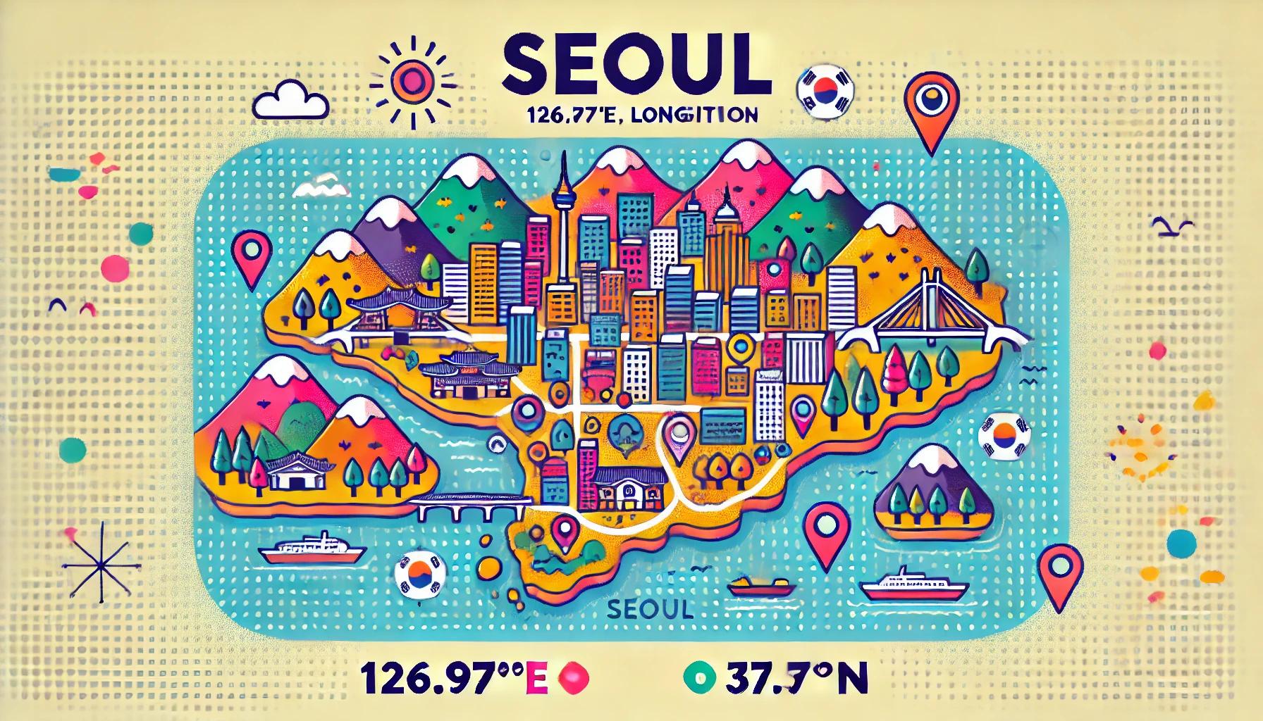 ソウルの地理的位置を示すポップなイラストマップ。緯度37.57度、経度126.97度のソウルを中心に、主要なランドマークや地形が描かれている。