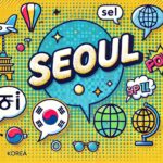 ソウルのスペル「Seoul」をポップなイラストで表現した画像。地球や旅行に関連するアイコンが使われ、正しい発音と使い方を楽しく伝えるデザイン。