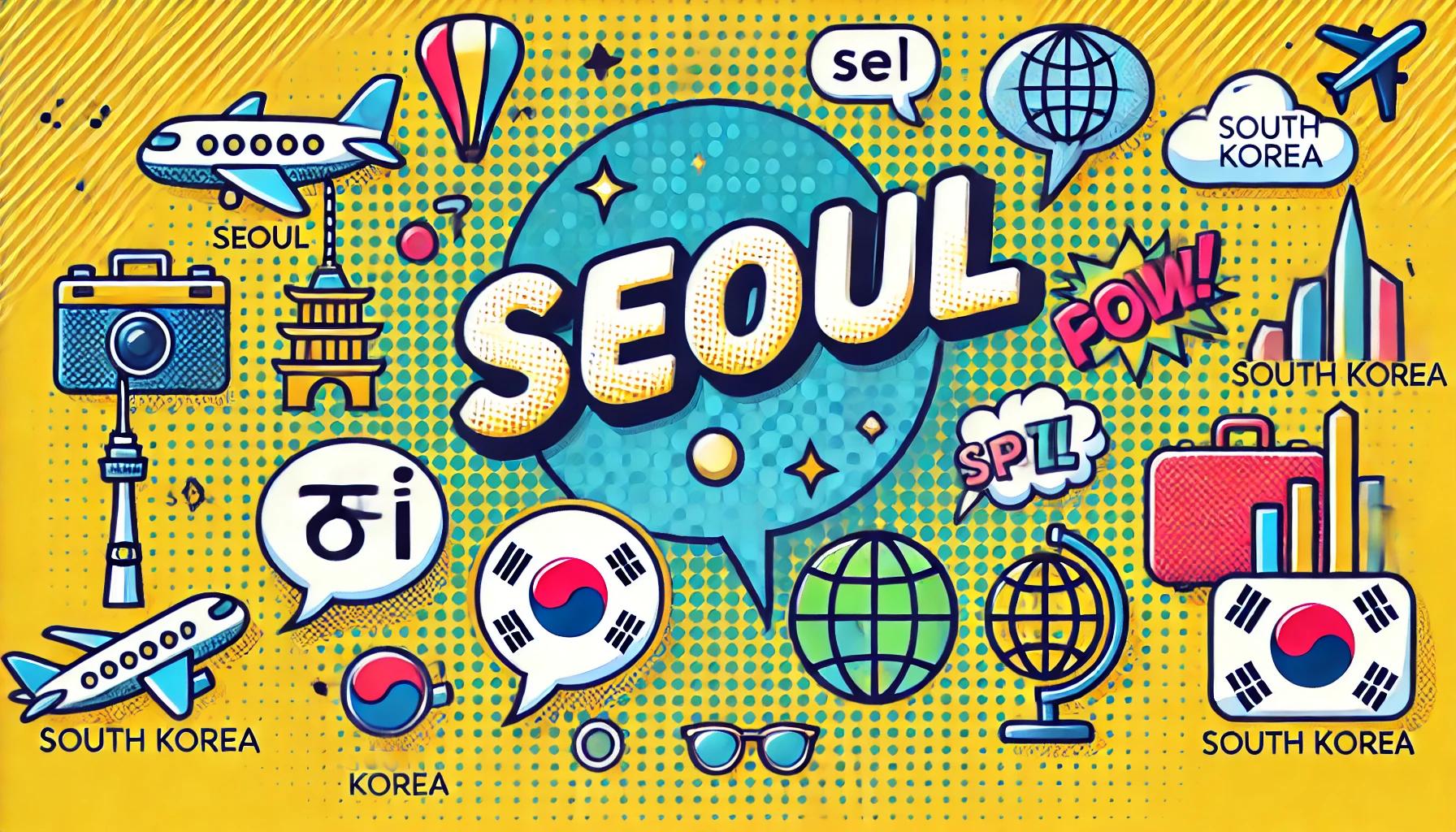 ソウルのスペル「Seoul」をポップなイラストで表現した画像。地球や旅行に関連するアイコンが使われ、正しい発音と使い方を楽しく伝えるデザイン。