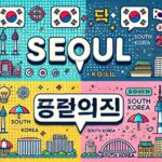 ソウル綴りの違いを説明するポップなイラスト。英語と韓国語でのソウルの表記を背景に、韓国の都市や文化をイメージしたデザインが描かれている。