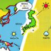 ソウルと日本（新潟、東京）の緯度を比較した地図。気候の違いをポップなイラストで表現した画像