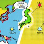 ソウルと日本（新潟、東京）の緯度を比較した地図。気候の違いをポップなイラストで表現した画像