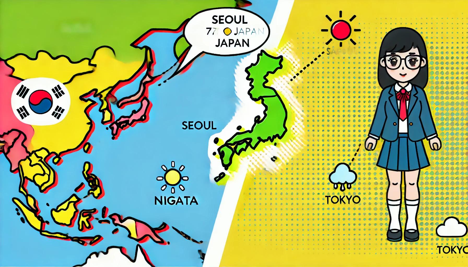 ソウルと日本（新潟、東京）の緯度を比較した地図。気候の違いをポップなイラストで表現した画像