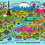 東京から300km圏内の旅行先を示すポップなイラストマップ。富士山や温泉などの観光スポットが描かれており、東京300km以内で訪れることができるエリアを楽しく表現している。