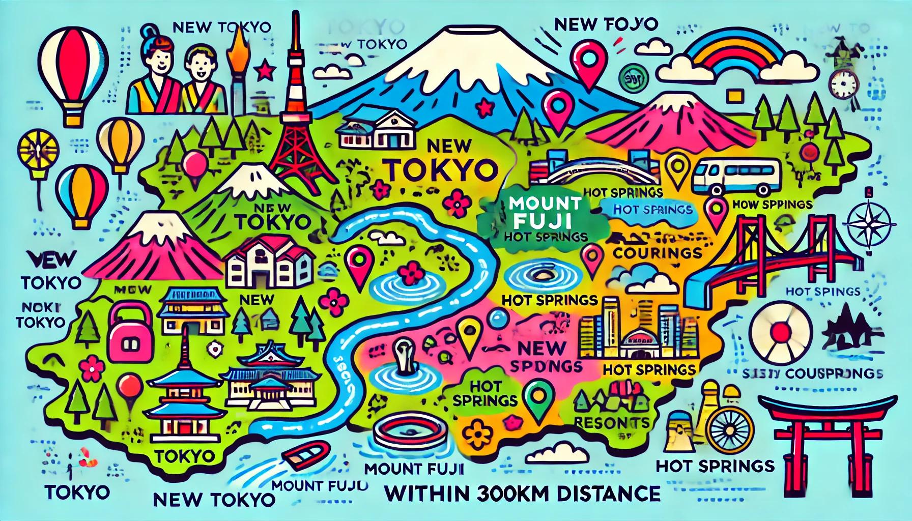 東京から300km圏内の旅行先を示すポップなイラストマップ。富士山や温泉などの観光スポットが描かれており、東京300km以内で訪れることができるエリアを楽しく表現している。