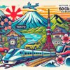 東京から600km圏内の旅行先を表すポップなイラスト。富士山や桜、車、新幹線などのシンボルが描かれ、自然や観光地の魅力を伝えるデザイン。