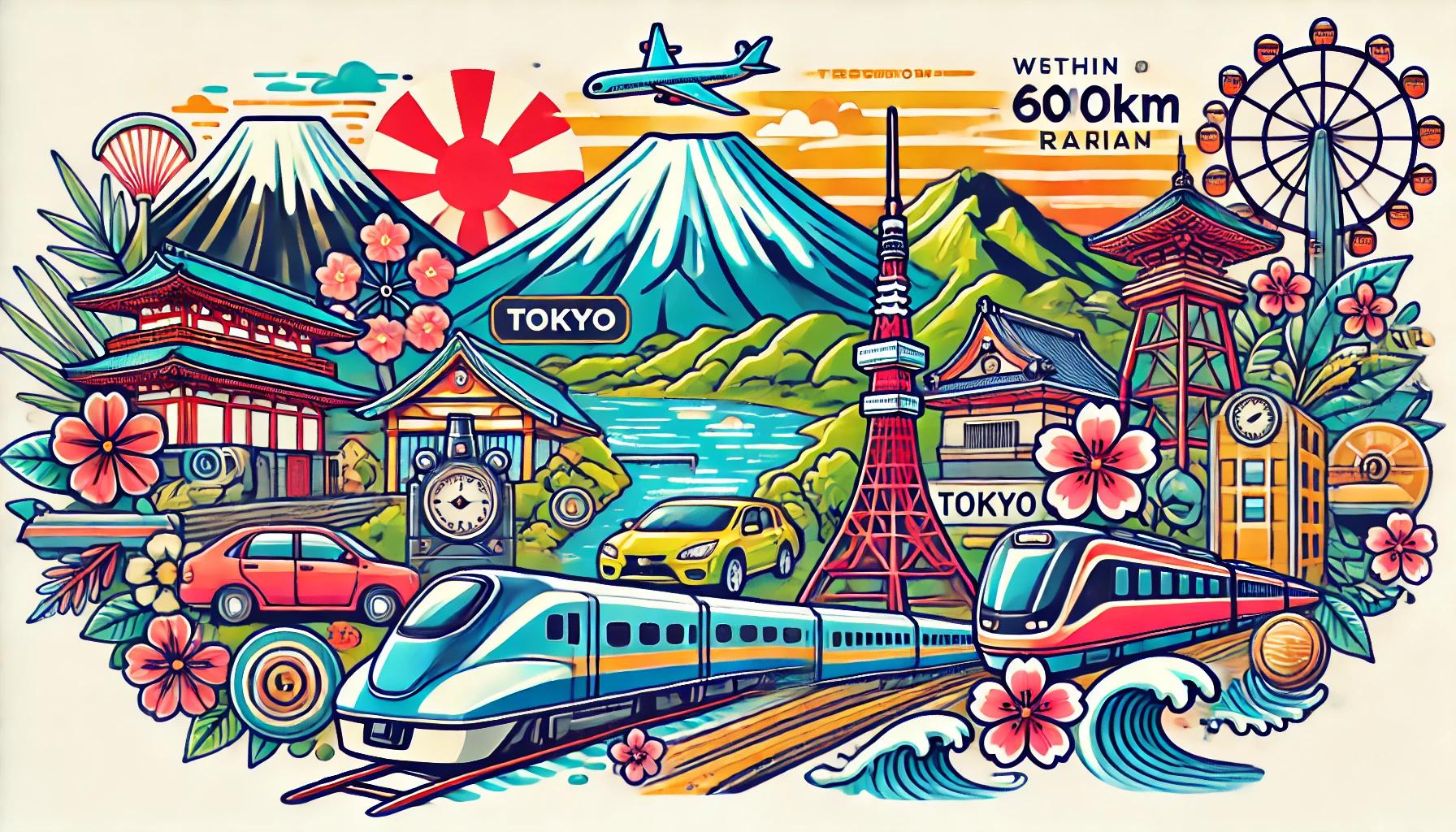 東京から600km圏内の旅行先を表すポップなイラスト。富士山や桜、車、新幹線などのシンボルが描かれ、自然や観光地の魅力を伝えるデザイン。