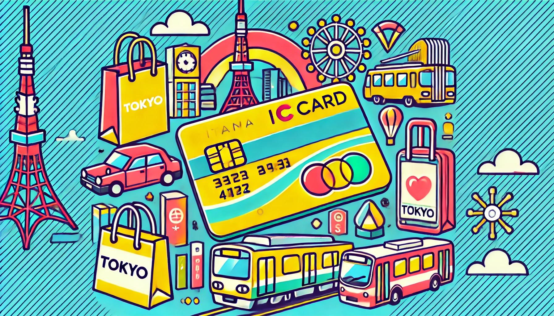 東京でPiTaPaを使う方法を紹介するポップなイラスト。東京のランドマークや電車、バス、ショッピングバッグを背景に、PiTaPaカードが描かれており、交通機関や買い物での利用シーンを表現しています。