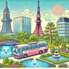 東京で60代の観光に最適なスポットを描いたポップなイラスト。観光バスや東京タワー、庭園などが含まれた、60代の方がリラックスして楽しめる観光イメージ。