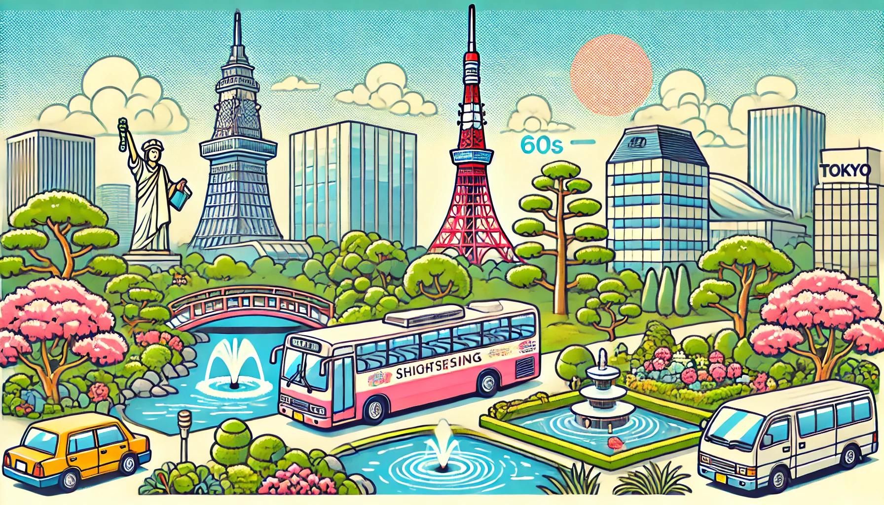 東京で60代の観光に最適なスポットを描いたポップなイラスト。観光バスや東京タワー、庭園などが含まれた、60代の方がリラックスして楽しめる観光イメージ。