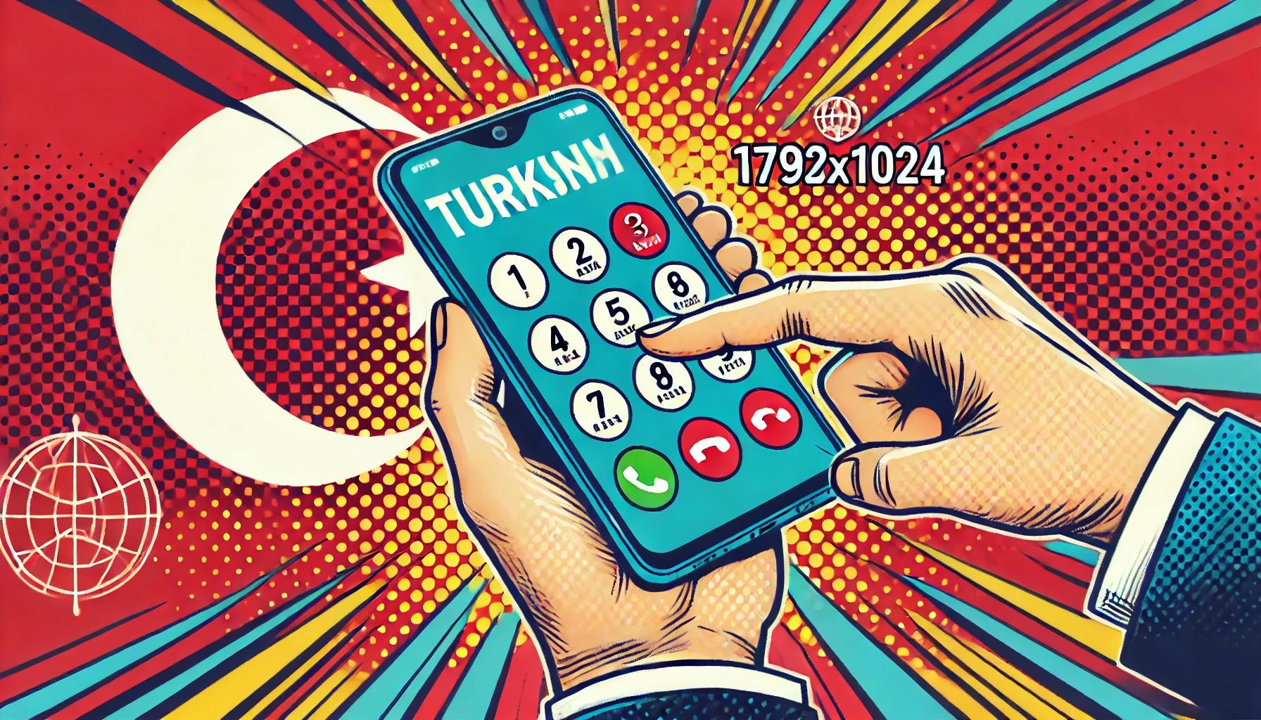 スマートフォンでトルコの電話番号をダイヤルしているイラスト、背景にトルコの国旗と国際電話のアイコン