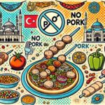 トルコの食文化における豚肉禁止を表現したポップなイラスト。トルコの伝統料理や豚肉を使わない料理の背景を説明するブログのアイキャッチ画像。