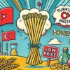 トルコパスタが安い理由を説明するポップなイラスト。トルコの旗、パスタ、小麦畑、価格タグが描かれ、トルコの豊富な小麦生産と低価格の背景を表現しています。