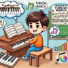 トルコ行進曲をピアノで学ぶ学生のイラスト。ピアノ初心者にトルコ行進曲を何年生から弾けるかを示すブログ記事用のポップなイラスト。