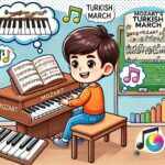 トルコ行進曲をピアノで学ぶ学生のイラスト。ピアノ初心者にトルコ行進曲を何年生から弾けるかを示すブログ記事用のポップなイラスト。