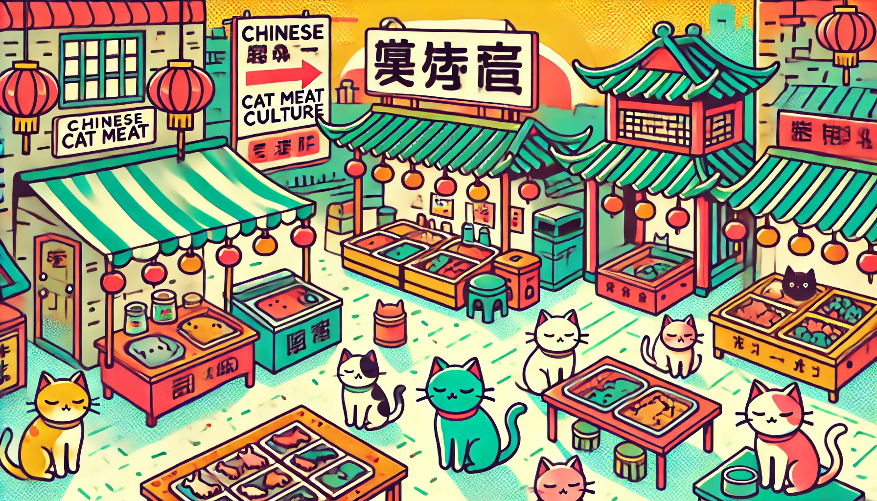 中国の伝統的な市場で猫が食材として扱われている様子をポップなイラストで描いた画像。中国 猫 食べる文化とその背景を示唆しつつ、鮮やかな色合いと軽いタッチで表現している。