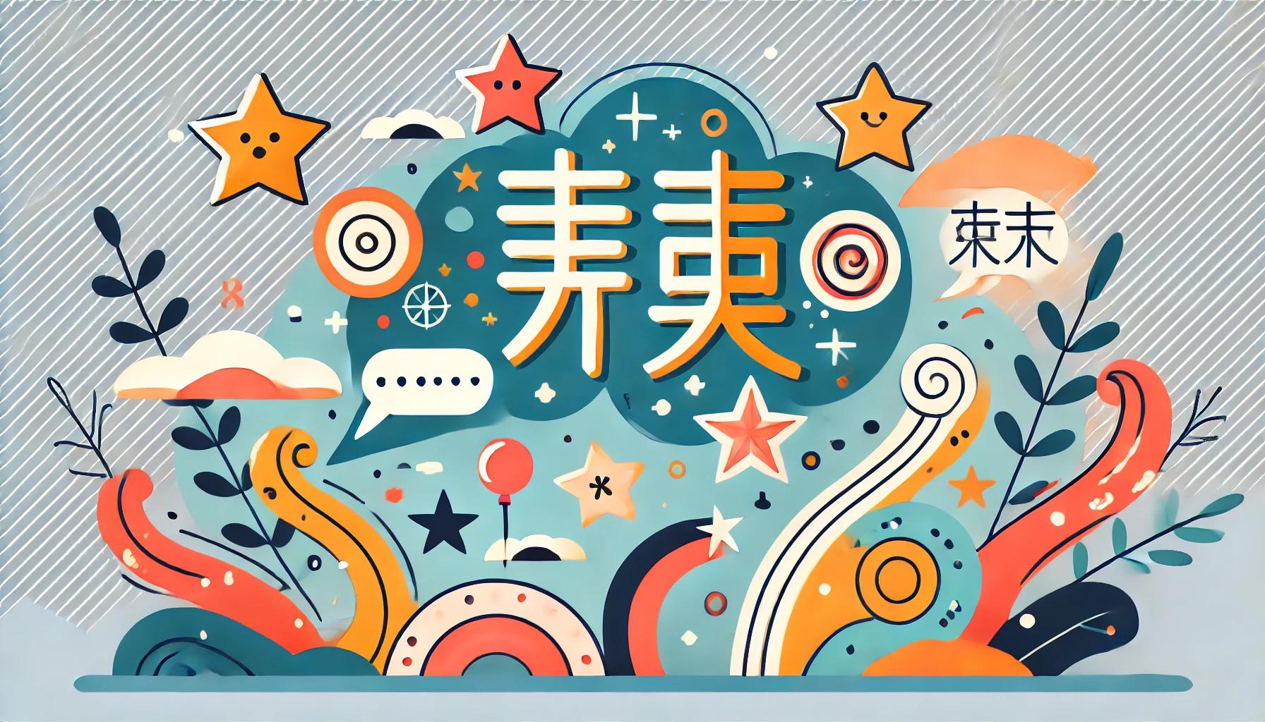 中国の名前を使った創作に役立つカラフルでポップなイラスト画像。スタイリッシュな中国の漢字や星、吹き出しの装飾があり、創作キャラクターの名前選びに関するテーマを表現しています。