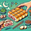 中国のパイみたいなパン「白吉饃」のイラスト。外側がパリパリで中はしっとりとした白吉饃に、煮込んだ豚肉などの具材を挟んだ様子をポップなテイストで描かれています。