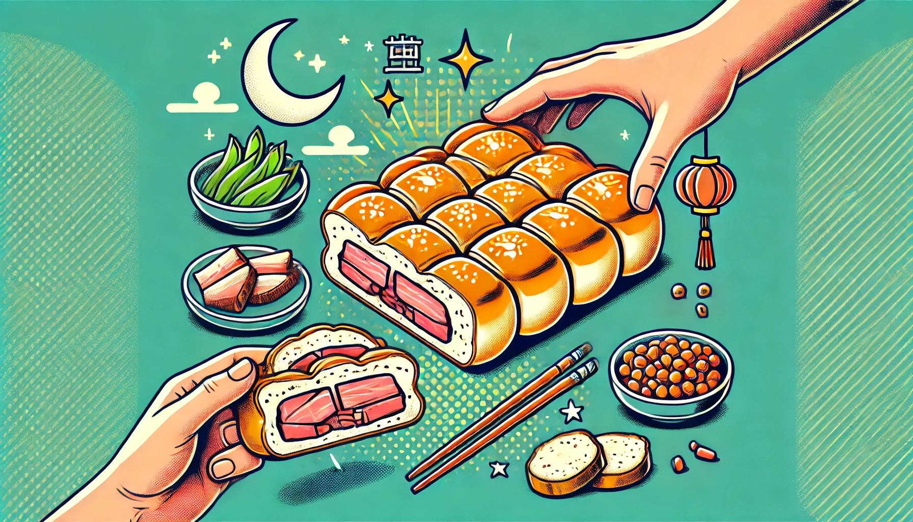 中国のパイみたいなパン「白吉饃」のイラスト。外側がパリパリで中はしっとりとした白吉饃に、煮込んだ豚肉などの具材を挟んだ様子をポップなテイストで描かれています。