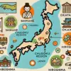 中国地方の由来を表すポップなイラストマップ。鳥取県、島根県、岡山県、広島県、山口県の5県が明るく色分けされ、歴史的な背景や主要な交通路が簡単なアイコンで示されている。