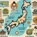 中国地方の由来を表すポップなイラストマップ。鳥取県、島根県、岡山県、広島県、山口県の5県が明るく色分けされ、歴史的な背景や主要な交通路が簡単なアイコンで示されている。