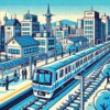 福岡4000系の新型車両が都市を背景に走行している、ポップなイラスト。青いラインが特徴のデザインで、現代的な外観が描かれている。