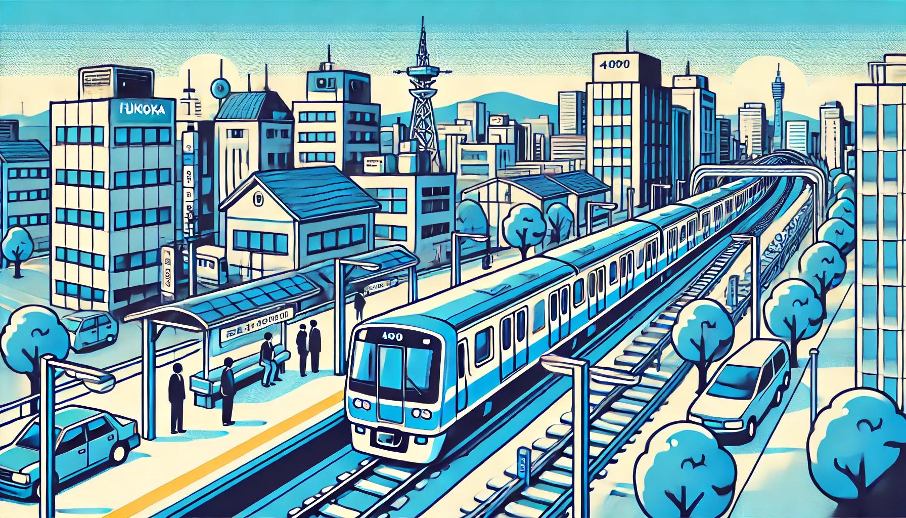 福岡4000系の新型車両が都市を背景に走行している、ポップなイラスト。青いラインが特徴のデザインで、現代的な外観が描かれている。