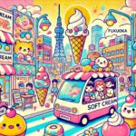 福岡のソフトクリーム店をポップなイラストで表現した、カラフルでかわいいソフトクリームを楽しむ人々のイメージ