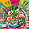 福岡で楽しめる二郎系ラーメンをイメージしたポップなイラスト。太麺、野菜、豚肉、ニンニクが盛られた二郎系ラーメンの特徴を描いた画像