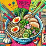 福岡で楽しめる二郎系ラーメンをイメージしたポップなイラスト。太麺、野菜、豚肉、ニンニクが盛られた二郎系ラーメンの特徴を描いた画像