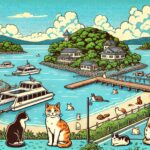 福岡猫島の風景を描いたポップなイラスト。海沿いに猫が集まり、フェリーや緑豊かな自然が広がる猫島の景色を楽しめる様子。